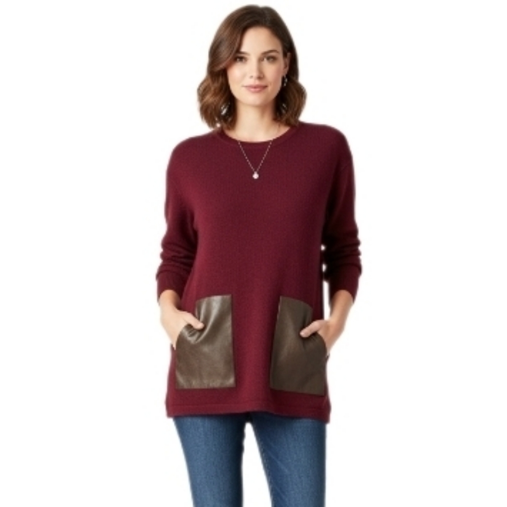 J.Crew Merino Wool Burgundy Sweater Faux Leather Pockets Size L